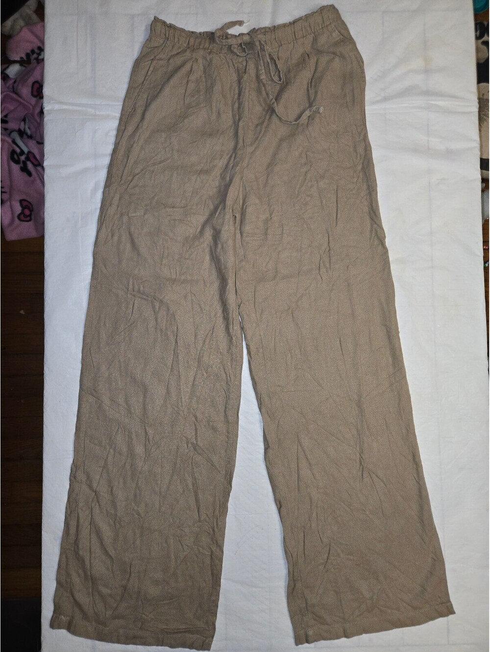 Love Tree Women's M Linen Viscose Wide Leg Pants Tan Khaki Drawstring 6875PN